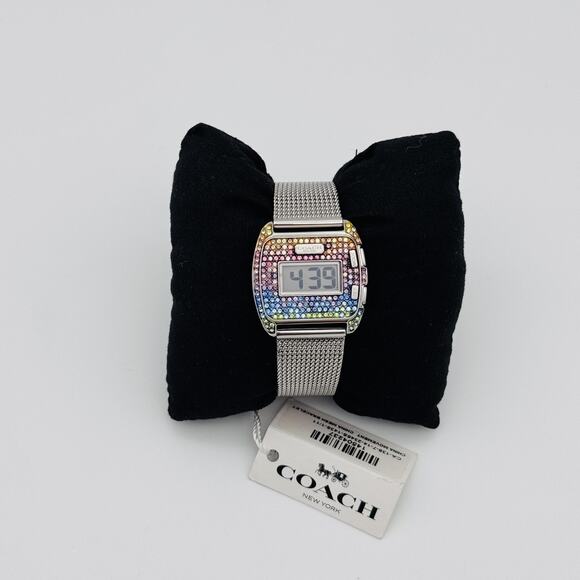 Coach Darcy Digital Watch Rainbow Crystal Mesh Stainless Steel 30 MM Womens NEW - Picture 2 of 14